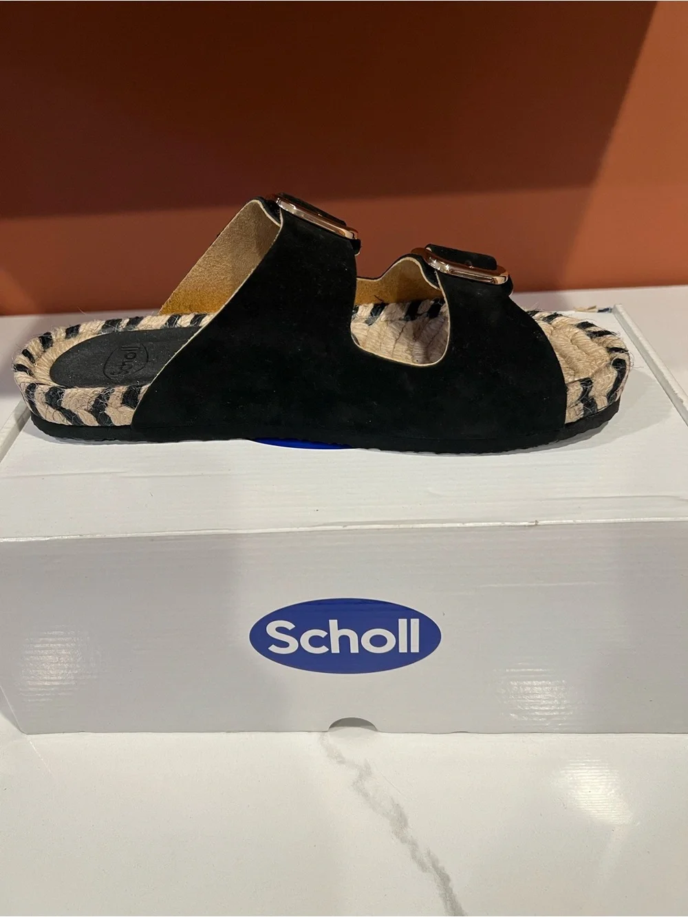 Dr. Scholl's Black Espadrille Wedge Sandals with Gold Buckles